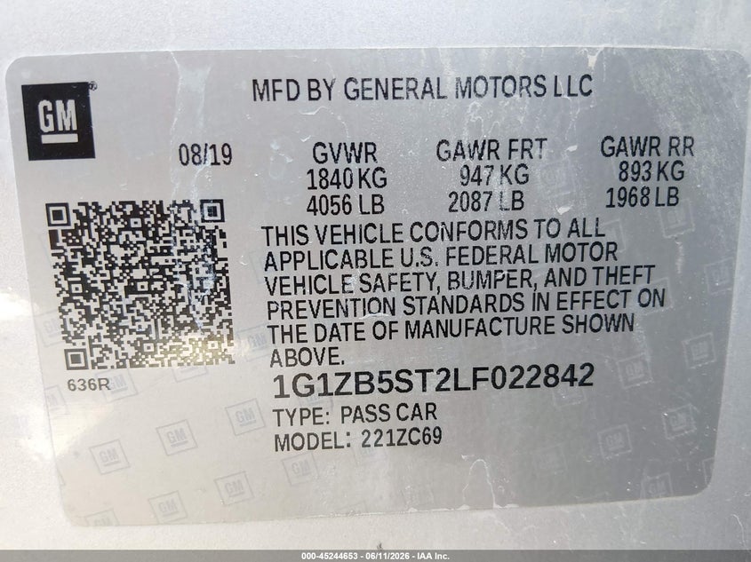 2020 Chevrolet Malibu Fwd Ls VIN: 1G1ZB5ST2LF022842 Lot: 45244653