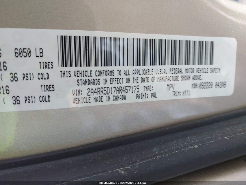 2010 Chrysler Town & Country Touring VIN: 2A4RR5D17AR457175 Lot: 45244679