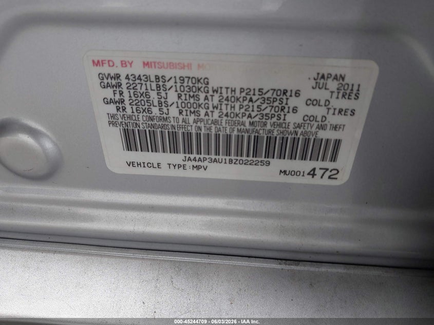 2011 Mitsubishi Outlander Sport Es VIN: JA4AP3AU1BZ022259 Lot: 45244709