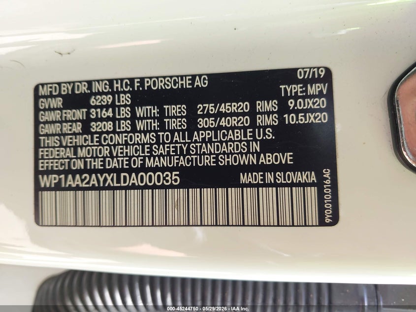2020 Porsche Cayenne VIN: WP1AA2AYXLDA00035 Lot: 45244750