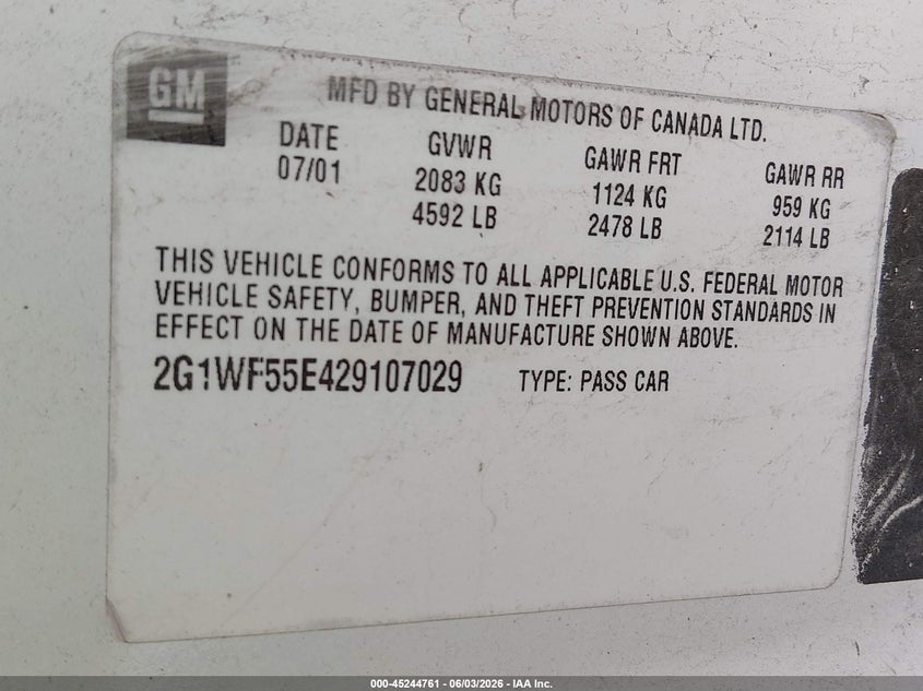 2002 Chevrolet Impala VIN: 2G1WF55E429107029 Lot: 45244761