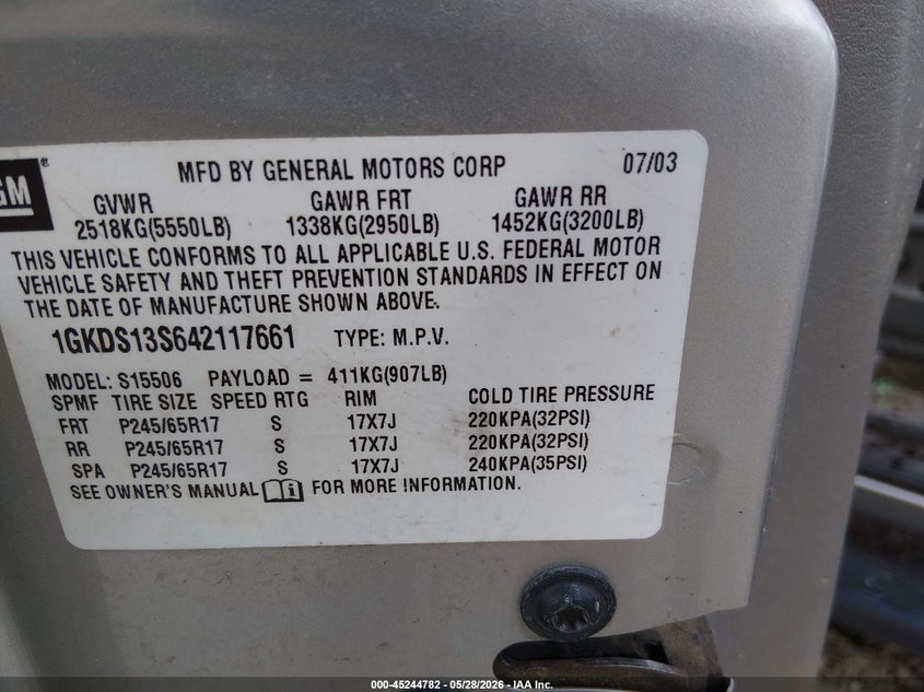 2004 GMC Envoy Slt VIN: 1GKDS13S642117661 Lot: 45244782