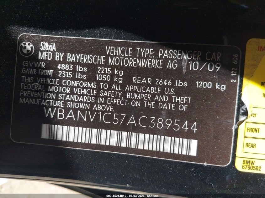 2010 BMW 528I xDrive VIN: WBANV1C57AC389544 Lot: 45244812