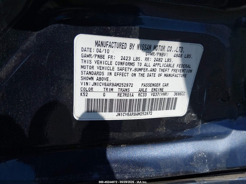 2010 Infiniti G37X VIN: JN1CV6AR9AM252972 Lot: 45244872