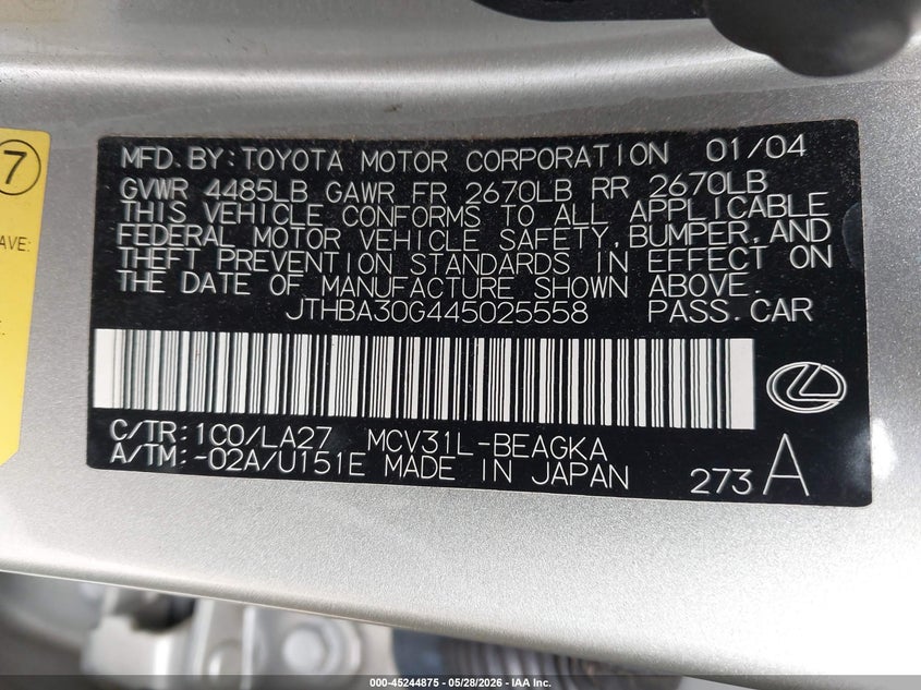 2004 Lexus Es 330 VIN: JTHBA30G445025558 Lot: 45244875