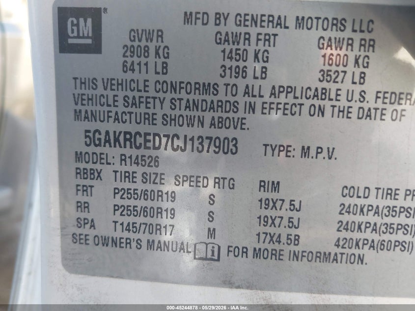 2012 Buick Enclave Leather VIN: 5GAKRCED7CJ137903 Lot: 45244878