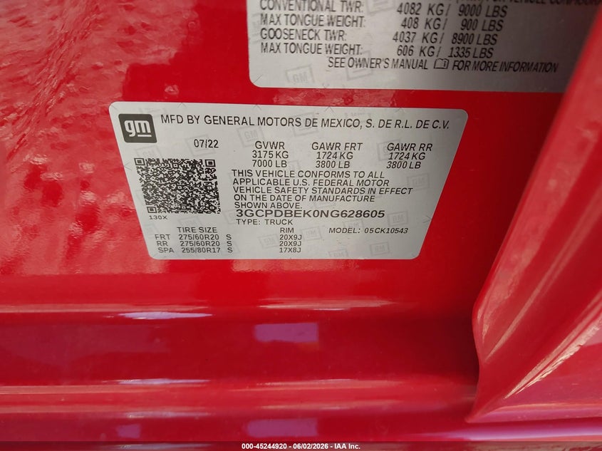 VIN 3GCPDBEK0NG628605 2022 CHEVROLET SILVERADO 1500 4WD  SHORT BED CUSTOM