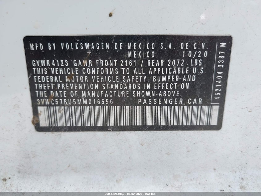 2021 Volkswagen Jetta 1.4T R-Line/1.4T S/1.4T Se VIN: 3VWC57BU5MM016556 Lot: 45244940
