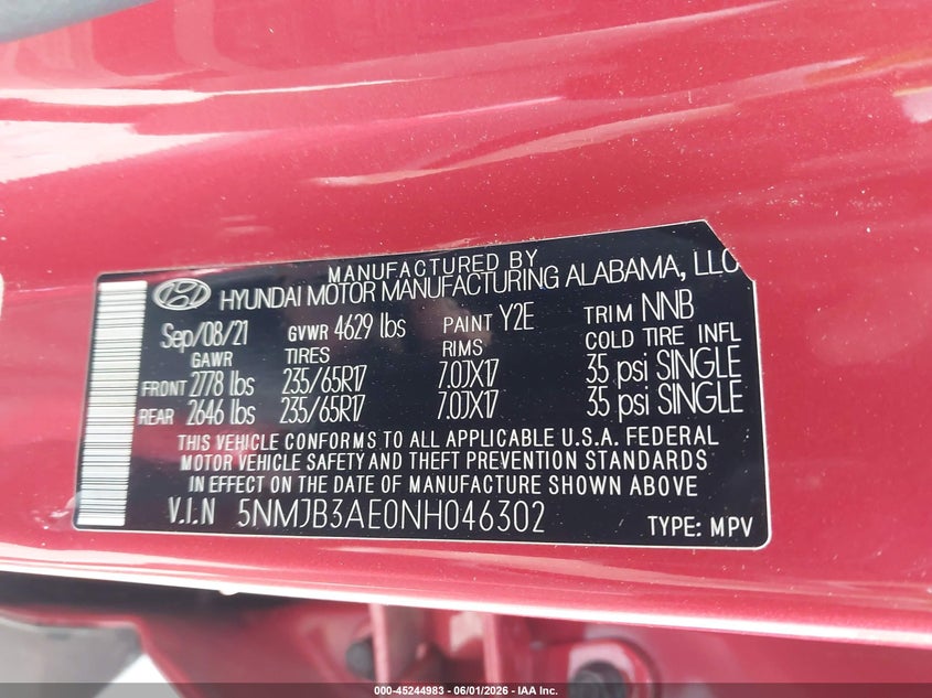 2022 Hyundai Tucson Sel VIN: 5NMJB3AE0NH046302 Lot: 45244983