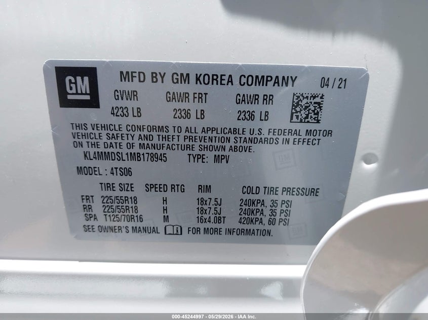 2021 Buick Encore Gx Fwd Select VIN: KL4MMDSL1MB178945 Lot: 45244997