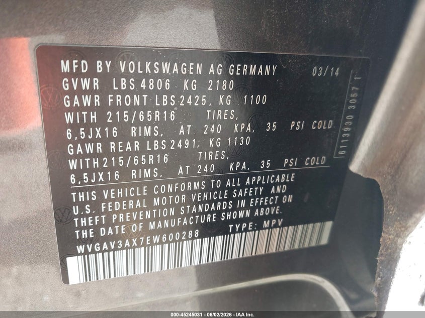 2014 Volkswagen Tiguan S VIN: WVGAV3AX7EW600288 Lot: 45245031
