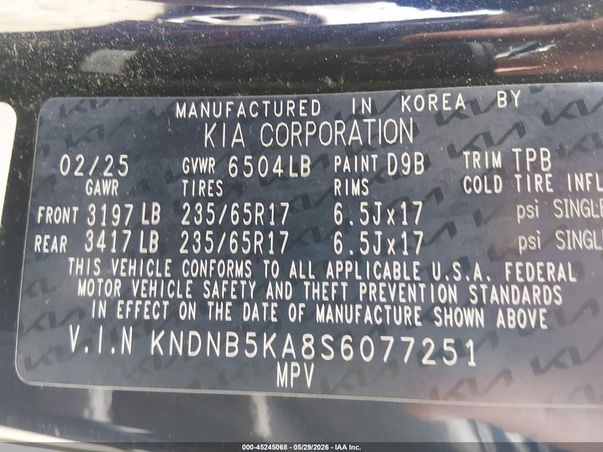 2025 Kia Carnival Mpv Hybrid Lxs VIN: KNDNB5KA8S6077251 Lot: 45245068