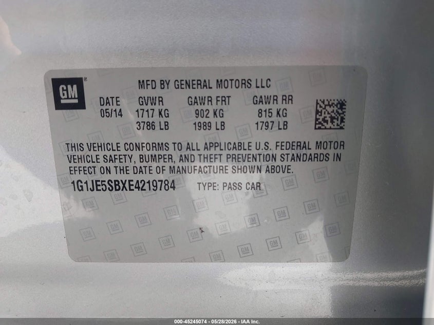 2014 Chevrolet Sonic Ltz Auto VIN: 1G1JE5SBXE4219784 Lot: 45245074