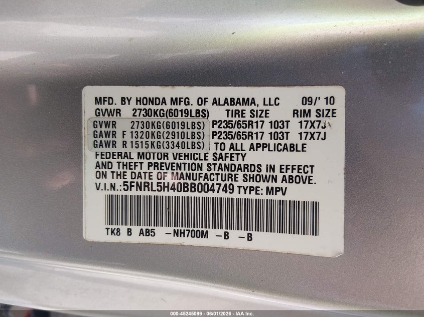 2011 HONDA ODYSSEY VAN 3.5L V-6 VVT, 248HP