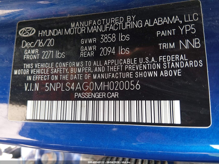 2021 Hyundai Elantra Sel VIN: 5NPLS4AG0MH020056 Lot: 45245112