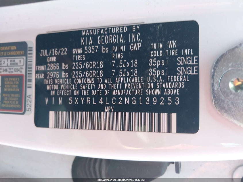 2022 Kia Sorento S VIN: 5XYRL4LC2NG139253 Lot: 45245129