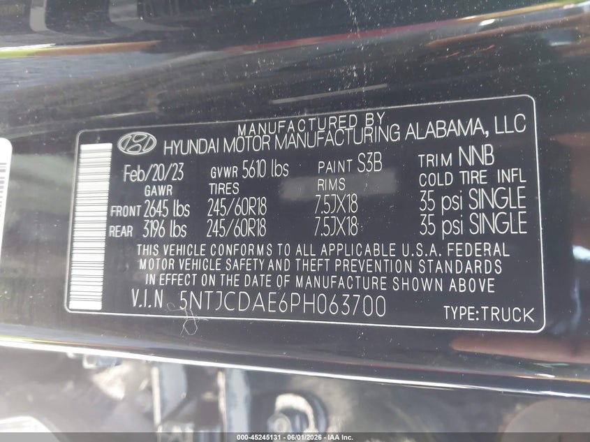 2023 Hyundai Santa Cruz Sel VIN: 5NTJCDAE6PH063700 Lot: 45245131