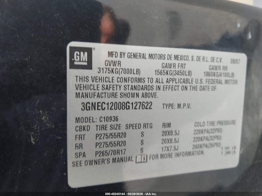 2008 Chevrolet Avalanche 1500 Ltz VIN: 3GNEC12008G127622 Lot: 45245144