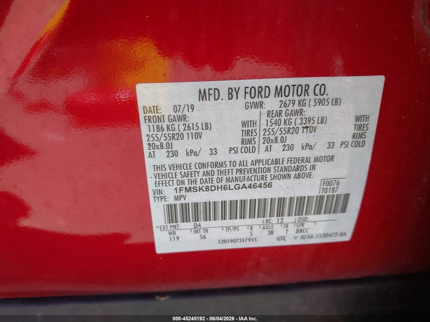 2020 Ford Explorer Xlt VIN: 1FMSK8DH6LGA46456 Lot: 45245192
