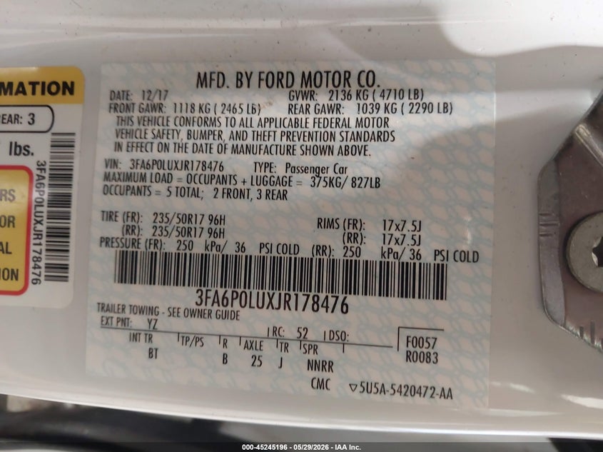 VIN 3FA6P0LUXJR178476 2018 FORD FUSION HYBRID SE