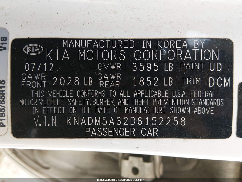 2013 Kia Rio Lx VIN: KNADM5A32D6152258 Lot: 45245204