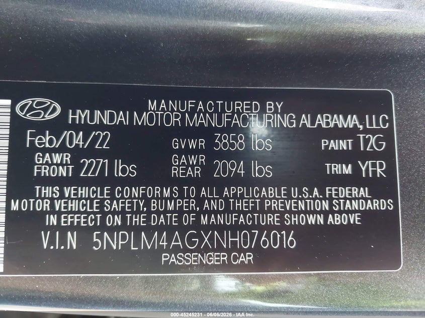 VIN 5NPLM4AGXNH076016 2022 HYUNDAI ELANTRA SEL