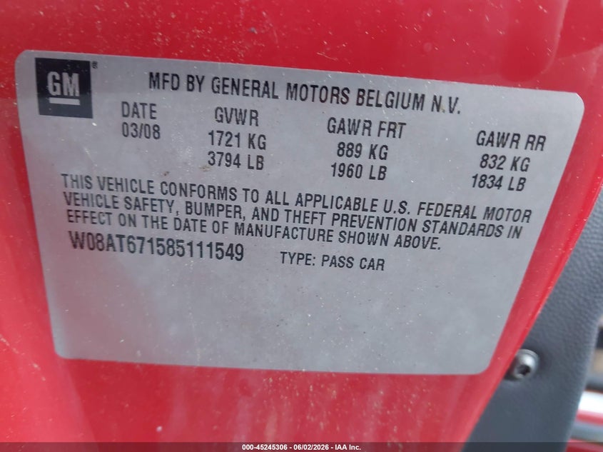 2008 Saturn Astra Xr VIN: W08AT671585111549 Lot: 45245306