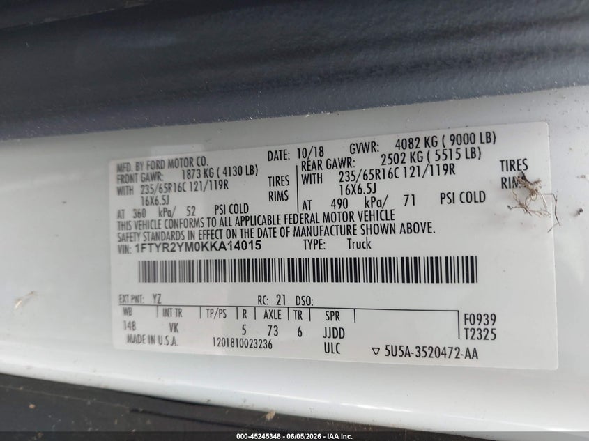 1FTYR2YM0KKA14015 2019 Ford Transit 3.7 white