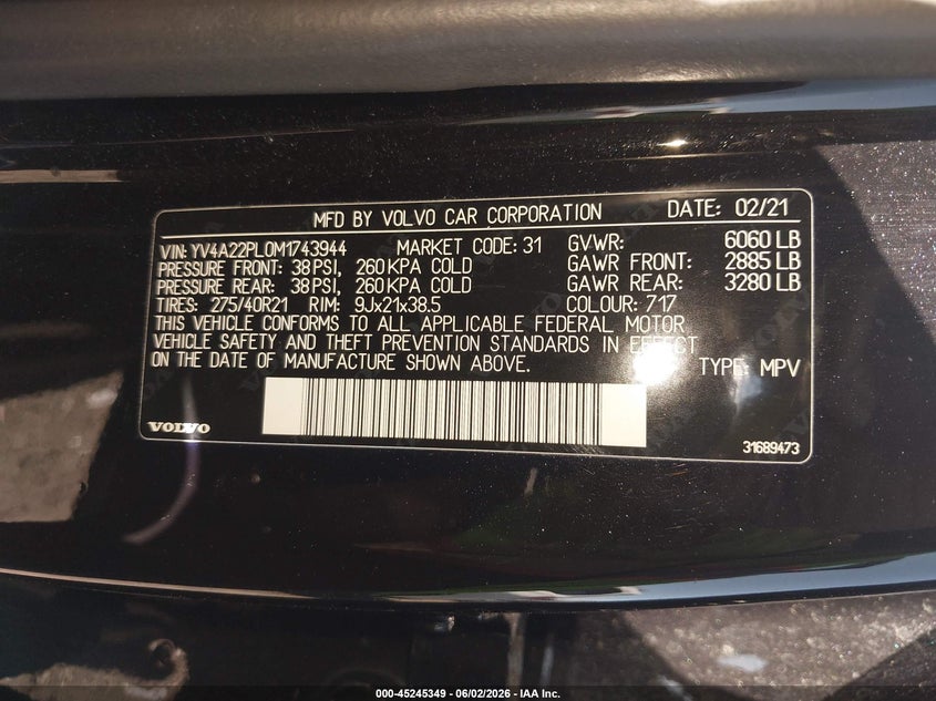 2021 Volvo Xc90 T6 Inscription 7 Passenger VIN: YV4A22PL0M1743944 Lot: 45245349