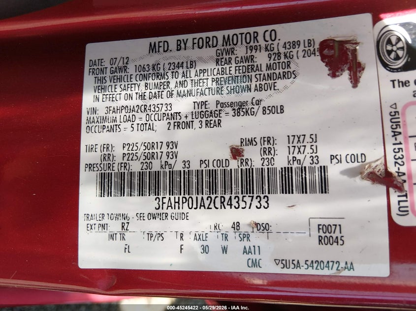 2012 Ford Fusion 2.5 Sel red Lot 111045245422 Vin 3FAHP0JA2CR435733