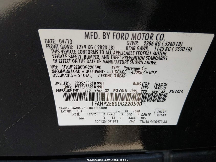 2013 Ford Taurus Sel VIN: 1FAHP2E80DG220590 Lot: 45245451
