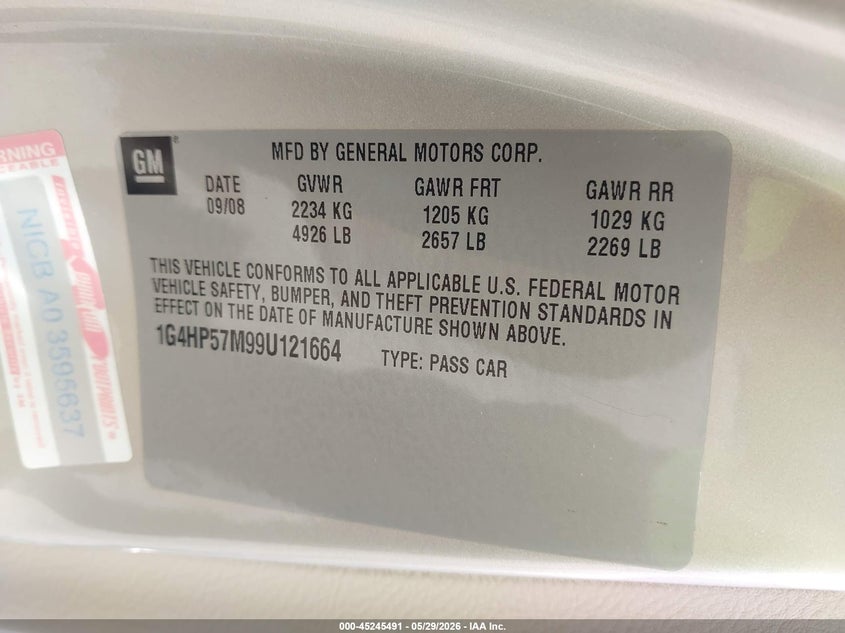 2009 Buick Lucerne Cx-2 VIN: 1G4HP57M99U121664 Lot: 45245491