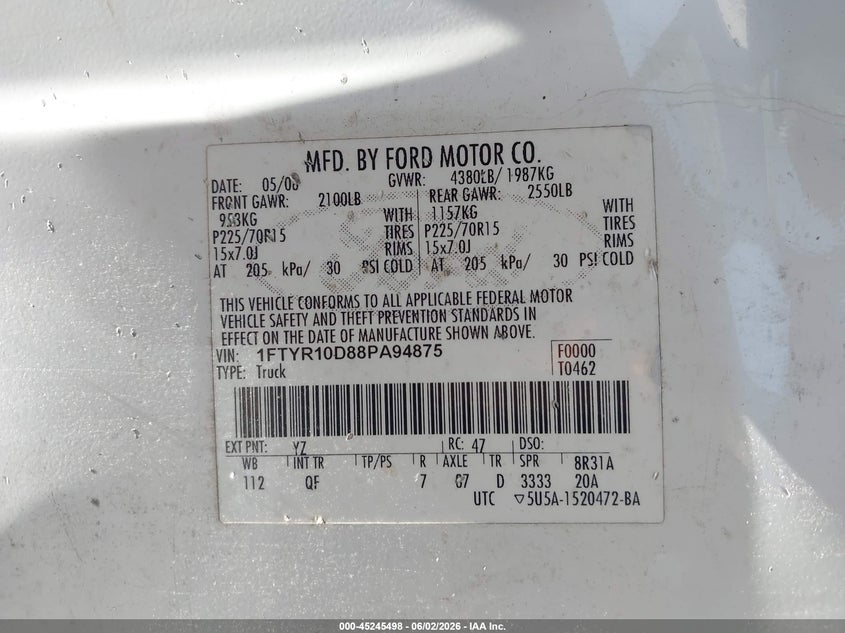 2008 Ford Ranger Xl/Xlt VIN: 1FTYR10D88PA94875 Lot: 45245498