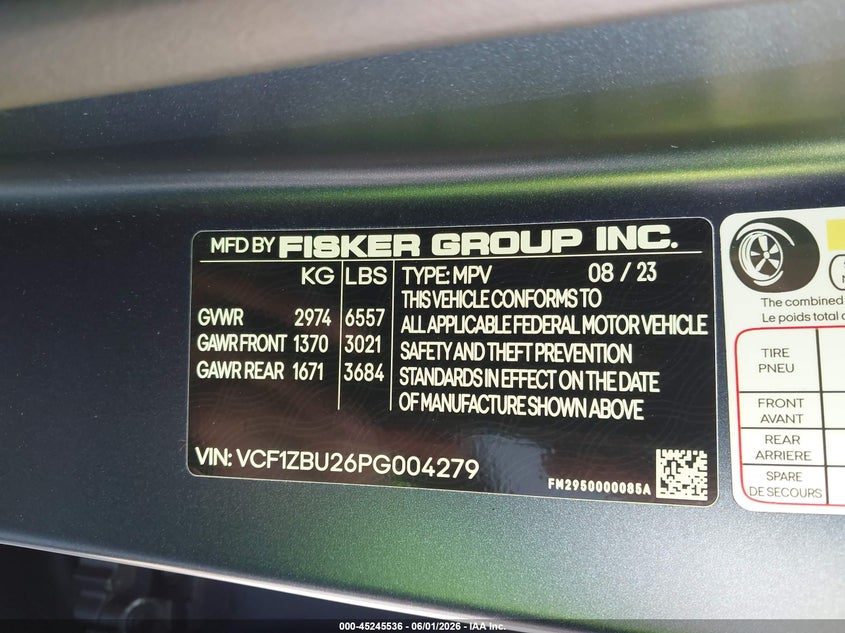 2023 Fisker Ocean One VIN: VCF1ZBU26PG004279 Lot: 45245536