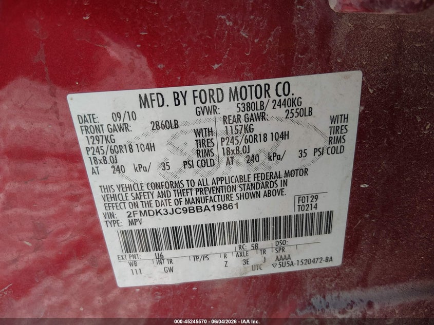 2011 Ford Edge Sel VIN: 2FMDK3JC9BBA19861 Lot: 45245570