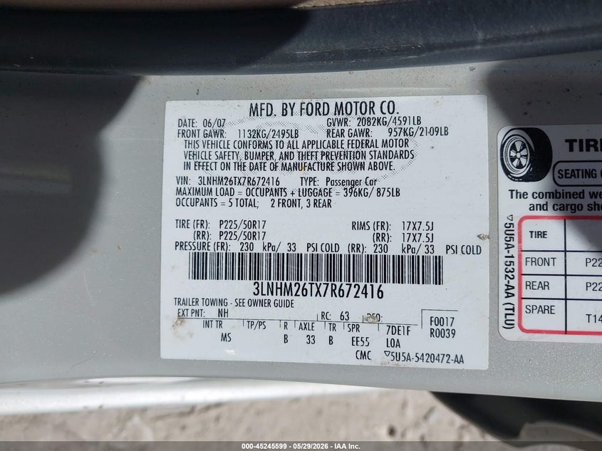 2007 Lincoln Mkz VIN: 3LNHM26TX7R672416 Lot: 45245599