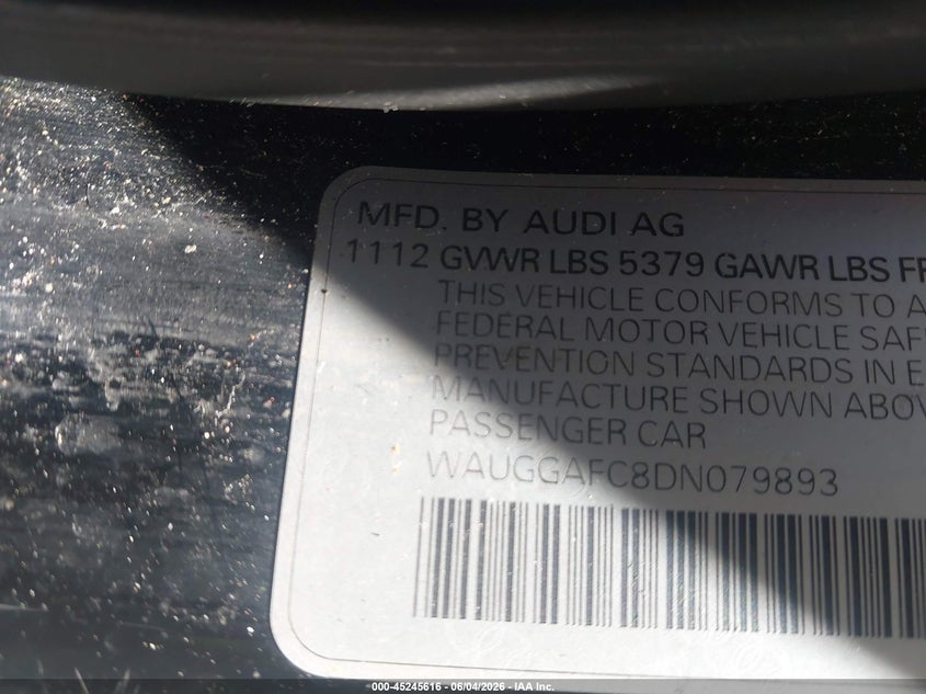 2013 Audi A6 3.0T Premium VIN: WAUGGAFC8DN079893 Lot: 45245616