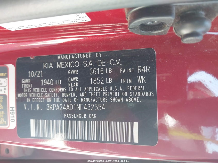 2022 Kia Rio S VIN: 3KPA24AD1NE432554 Lot: 45245658