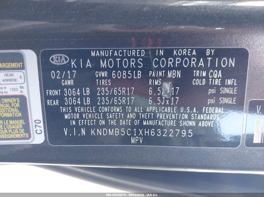 2017 Kia Sedona Lx VIN: KNDMB5C1XH6322795 Lot: 45245678