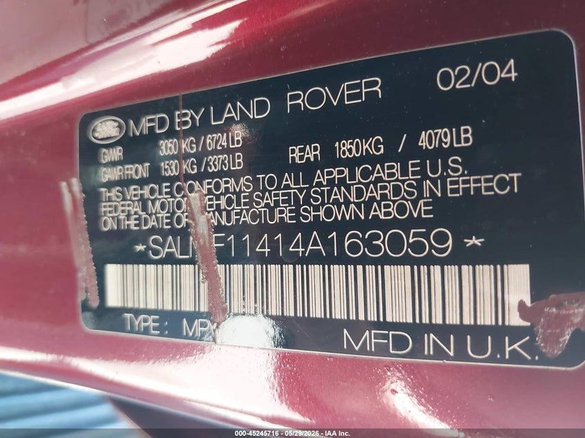 2004 Land Rover Range Rover Hse VIN: SALMF11414A163059 Lot: 45245716