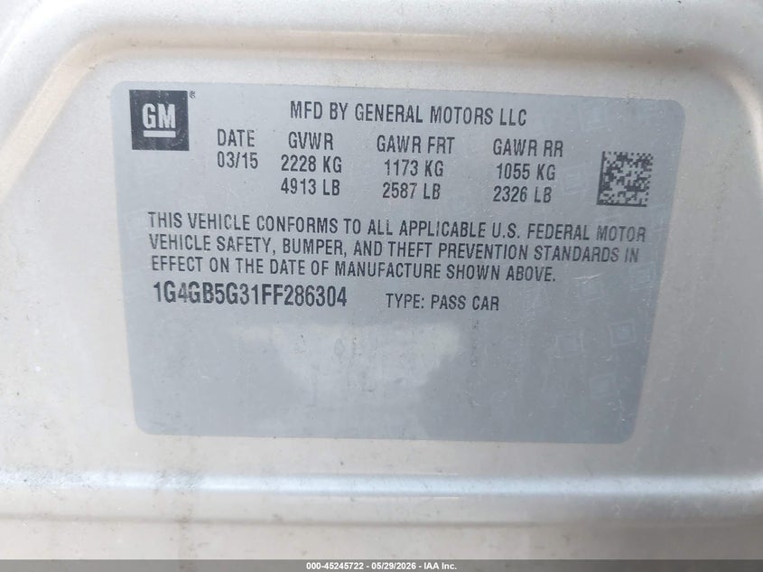 2015 Buick Lacrosse Leather VIN: 1G4GB5G31FF286304 Lot: 45245722