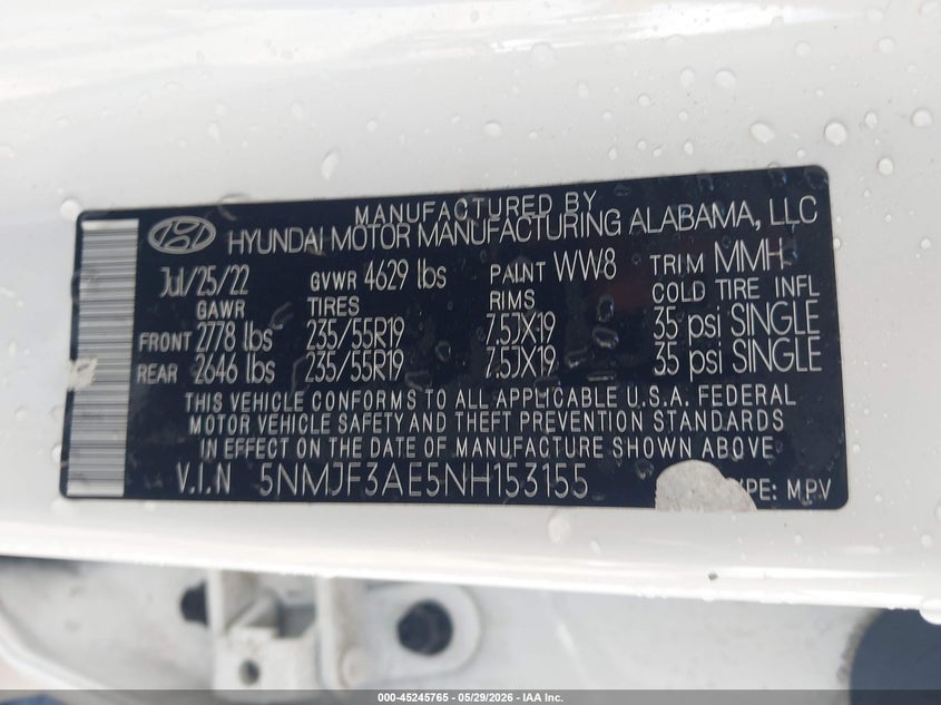VIN 5NMJF3AE5NH153155 2022 HYUNDAI TUCSON SEL