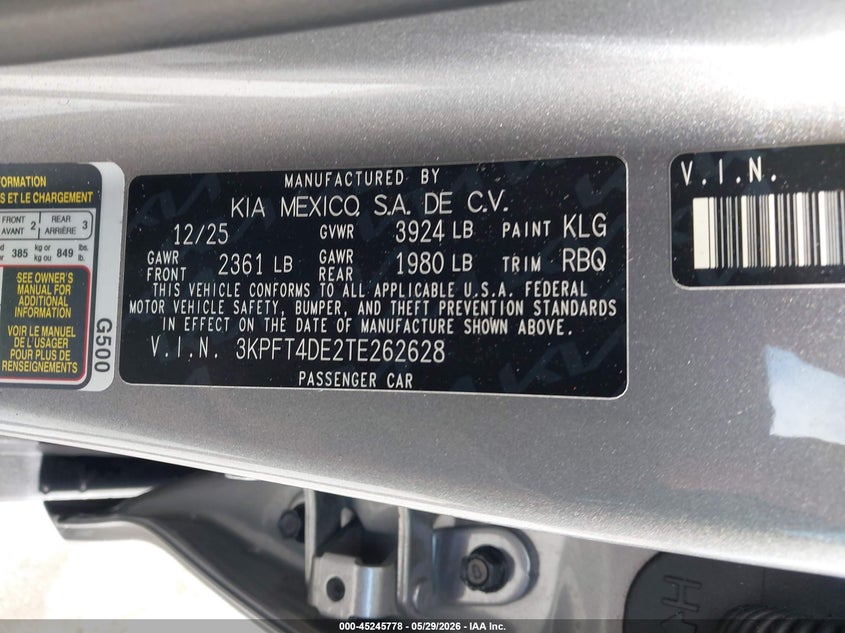 2026 Kia K4 Lxs VIN: 3KPFT4DE2TE262628 Lot: 45245778