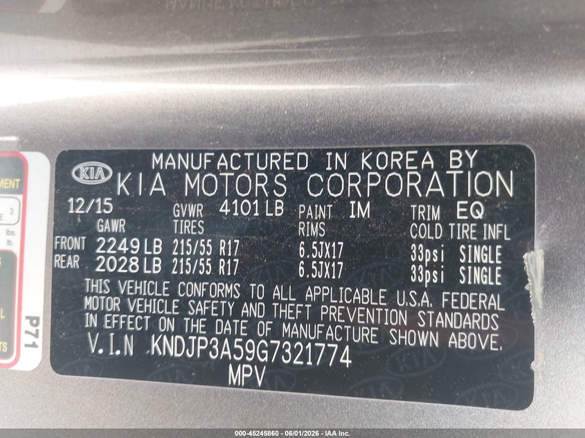 2016 Kia Soul + VIN: KNDJP3A59G7321774 Lot: 45245860