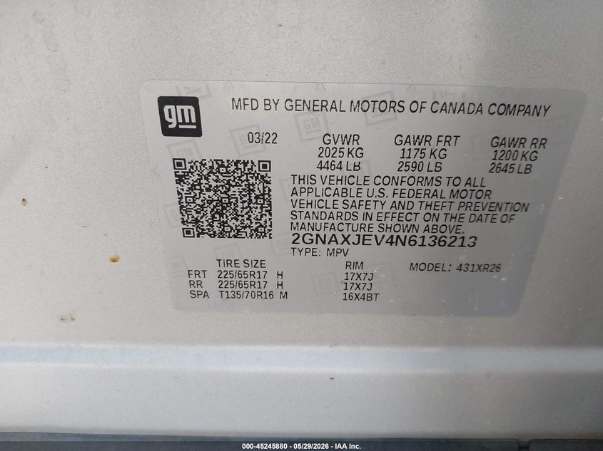 VIN 2GNAXJEV4N6136213 2022 CHEVROLET EQUINOX FWD 2FL