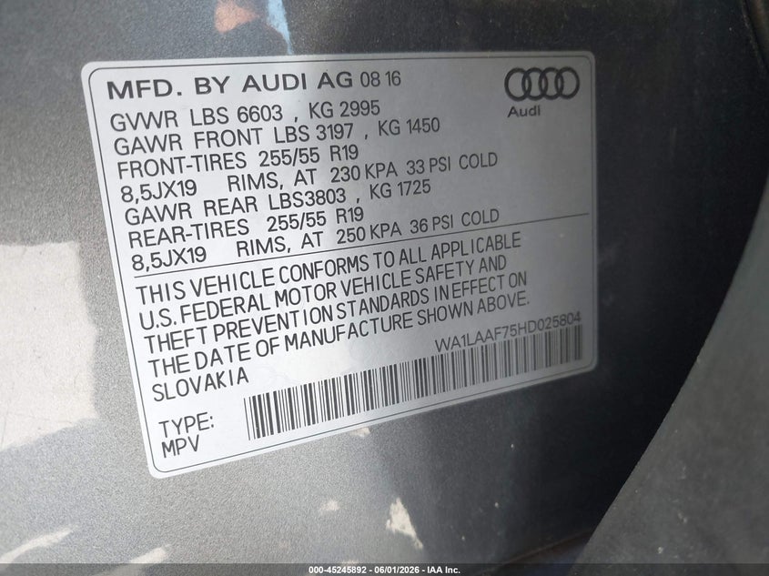 2017 Audi Q7 3.0T Premium VIN: WA1LAAF75HD025804 Lot: 45245892