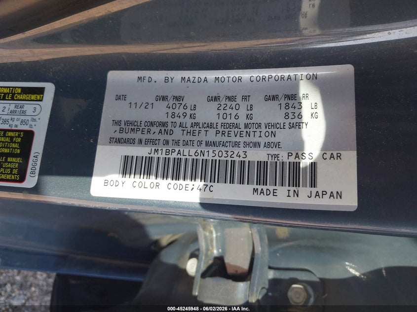 2022 Mazda Mazda3 Carbon Edition VIN: JM1BPALL6N1503243 Lot: 45245948