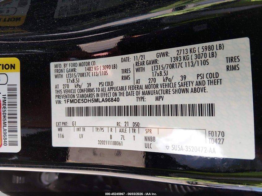 2021 Ford Bronco VIN: 1FMDE5DH5MLA96840 Lot: 45245967