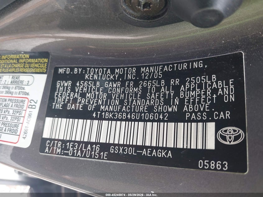 2006 Toyota Avalon Xls VIN: 4T1BK36B46U106042 Lot: 45245974