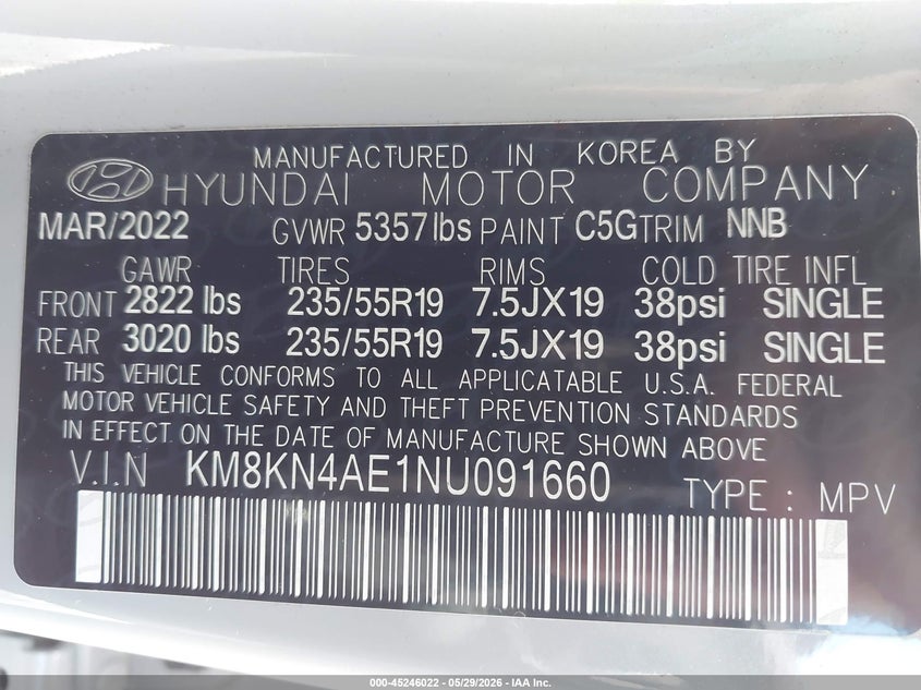2022 Hyundai Ioniq 5 Sel VIN: KM8KN4AE1NU091660 Lot: 45246022